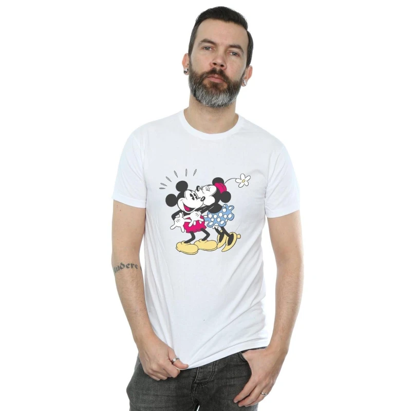 Image of Disney Men Mickey And Minnie Mouse Kiss T-Shirt in White Size: Small White S Male 5057864465853