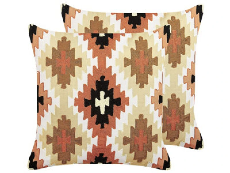 Image of Beliani Set Of 2 Decorative Cushions Serampore Cotton 50 X 50 Cm Multicolour Geometric Pattern