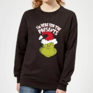 Image of The Grinch Im Here for The Presents Womens Christmas Sweatshirt - Black