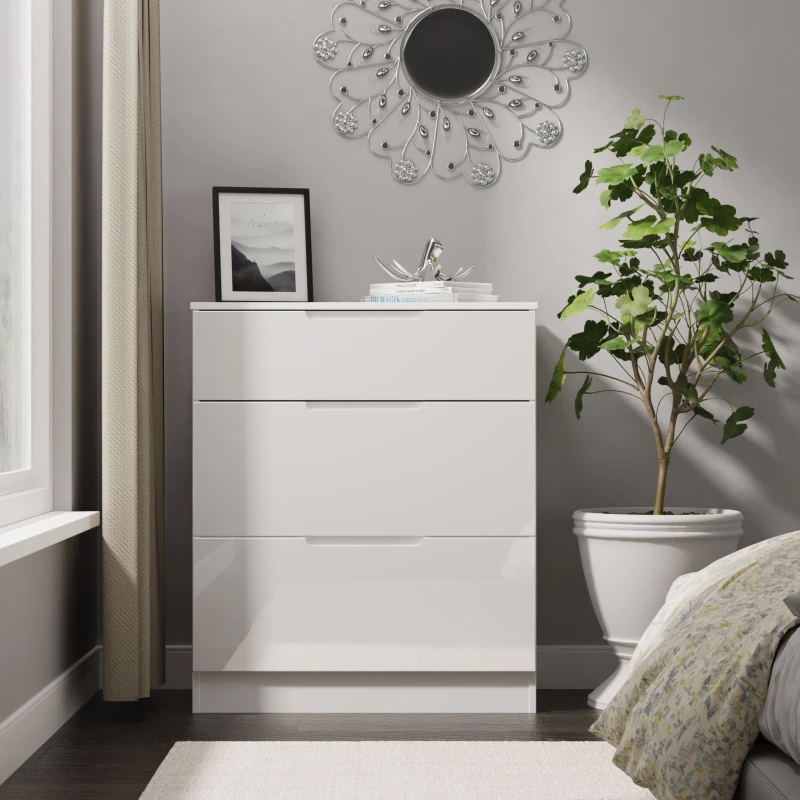 Image of Welcome Furniture Ready Assembled Milan 3 Drawer Deep Chest In White Gloss & White MIL049WGW