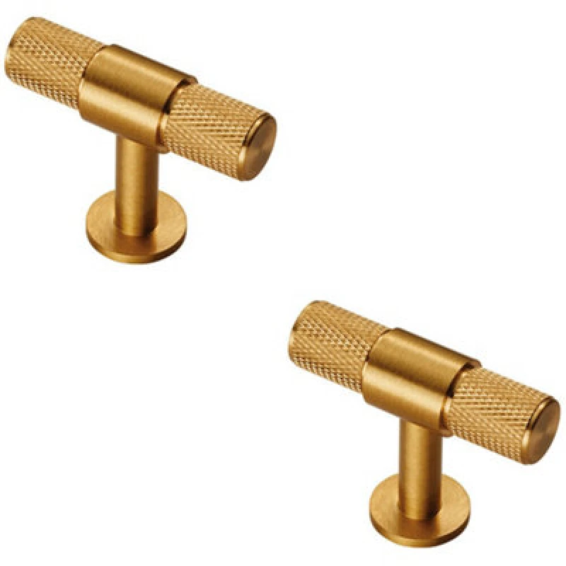 Image of Loops 2x Knurled Cupboard T Shape Pull Handle 50 x 13mm Satin Brass Cabinet Handle Metallics unisex
