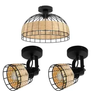 Image of Low Ceiling Light & 2x Matching Wall Lights Black & Wicker Wood Cage Shade