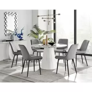 Image of Furniturebox Palma White Marble Effect 120cm Round Minimalist Dining Table & 6 Grey Pesaro Black Leg Velvet Chairs