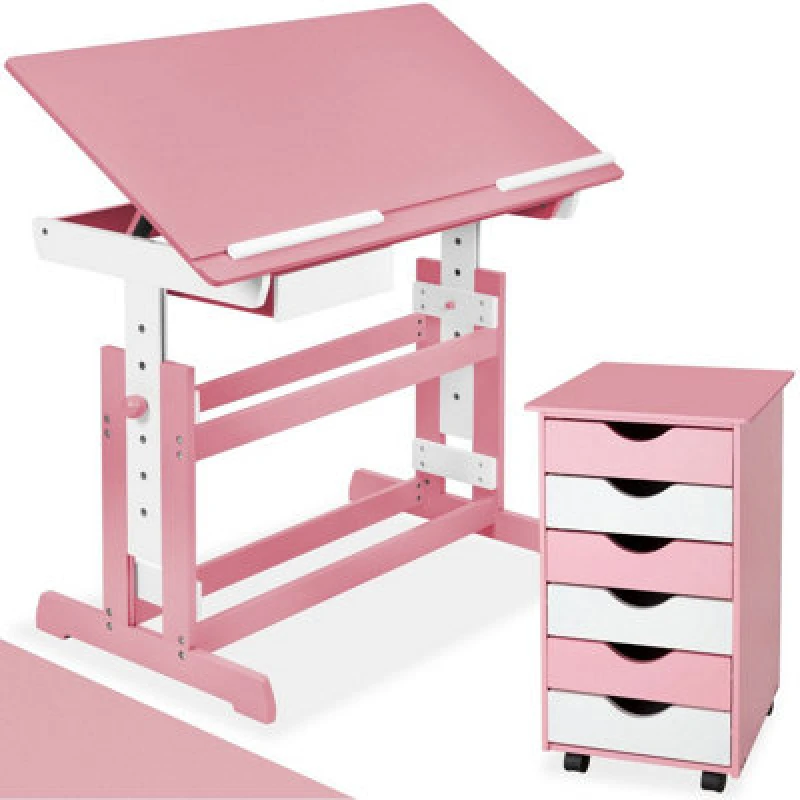 Image of Tectake Kids Study Desk And Filing Cabinet Set Children's Play Room Furniture Mdf In 2 Colours 7 Step Adjustable Height 40 - 60 Cm - Rose