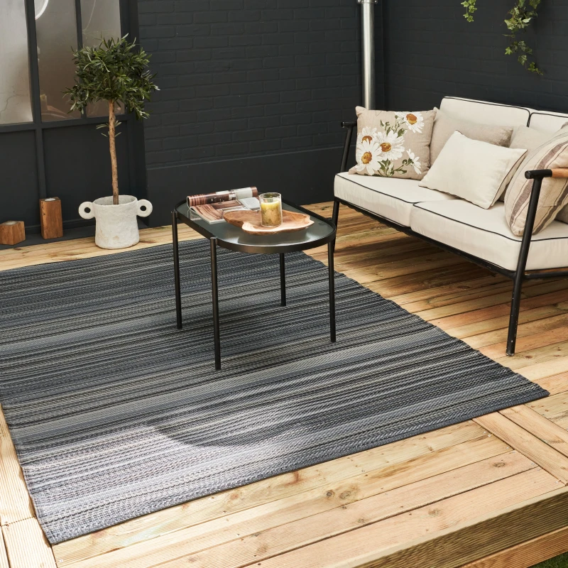 Image of THE RUGS Waterproof Plastic Outdoor Rugs for Garden Patio Balcony Camping - Striped - Rainbow 1020 Dark Grey Size: 180cm x 270cm Dark Grey Unisex