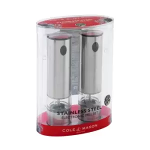 Image of Set of 2 Cole & Mason Battersea Electronic Salt & Pepper Mills Stainless Steel Silver