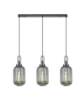 Image of Linear 3 Light Pendant E27 With 20cm Tubular Ribbed Glass, Smoked Black Chrome, Matt Black