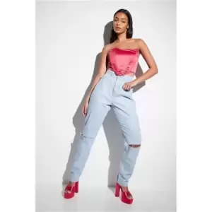 Image of I Saw It First Light Wash Slash Knee Straight Leg Denim Jeans - Blue