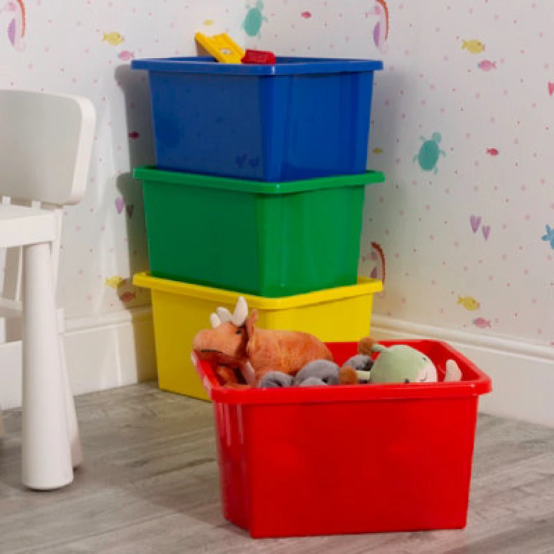 Image of Wham Stack & Store 4X 30L Plastic Storage Boxes. Ideal For Toys, Classrooms & Playrooms. Integrated Handles. Mixed Colours