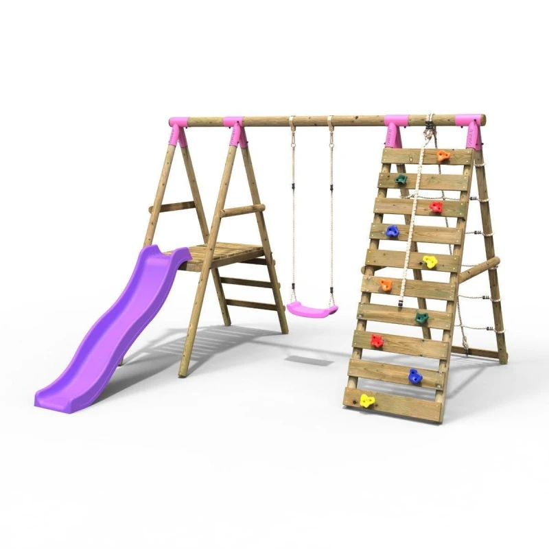 Image of Rebo Wooden Swing Set with Up and Over Climbing Wall and Slide - Amber Pink Pink