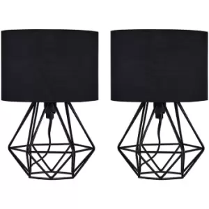 Image of Minisun - 2 x Small Geometric Table Lamps Industrial Metal Cage Design - Black