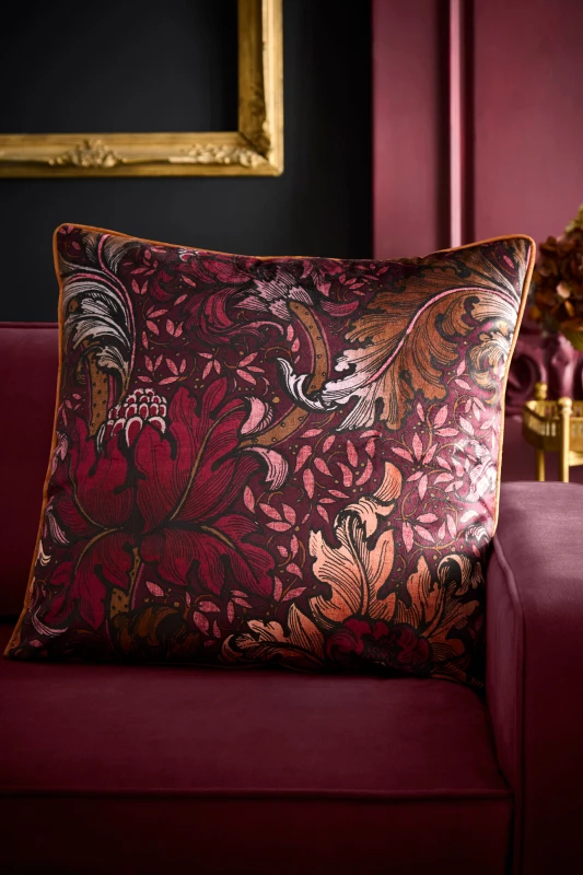 Image of Laurence Llewelyn-Bowen Laurence Llewelyn-Bowen 'Morris Major Chintz' Arts & Crafts Print Velvet Filled Cushion in Burgundy Size: 55cm x 55cm Burgun