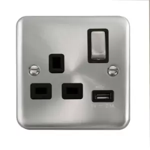 Image of Click Scolmore Deco Plus Satin Chrome 1 Gang USB Outlet Switch 13A With Black Ingot - DPSC571BK