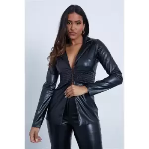 Image of I Saw It First Black Shirred Waist Faux Leather Blazer - Black
