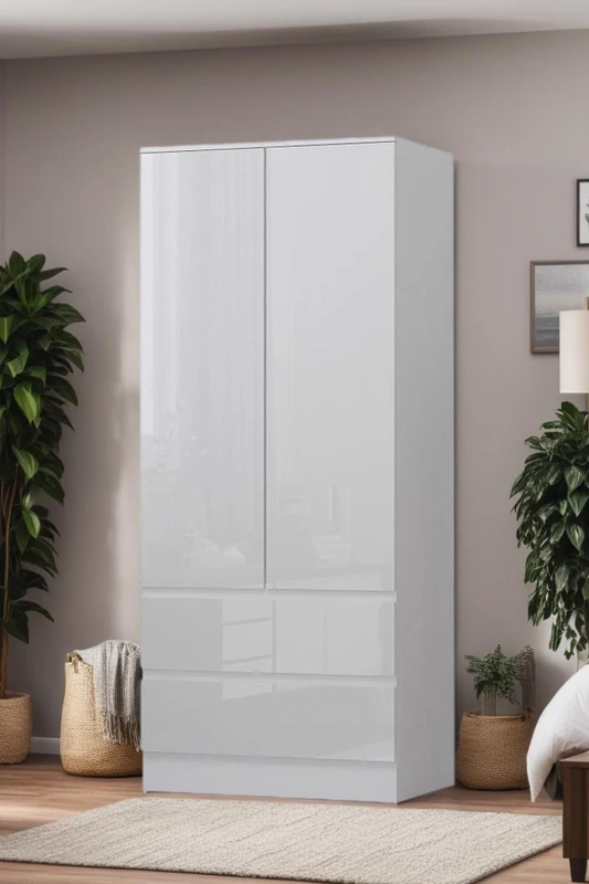 Image of FWStyle FWStyle White Gloss 2 Door Wardrobe With 2 Drawers Scratch Resistant White One Size Unisex 5056413127600