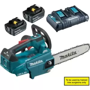 Image of Makita DUC256 Twin 18v LXT Cordless Brushless Top Handle Chainsaw 250mm 2 x 6ah Li-ion Charger