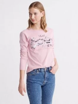 Image of Superdry Vintage Logo Photo Rose Long Sleeve Top - Soft Pink, Soft Pink, Size 8, Women