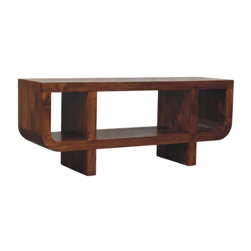 Image of Artisan Furniture Artisan Furniture Solid Wood Orion Curved Chestnut Media Unit, 3 Open Shelves, Dark Brown