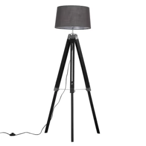 Image of Clipper Black Tripod Floor Lamp with Dark Grey Doretta Shade