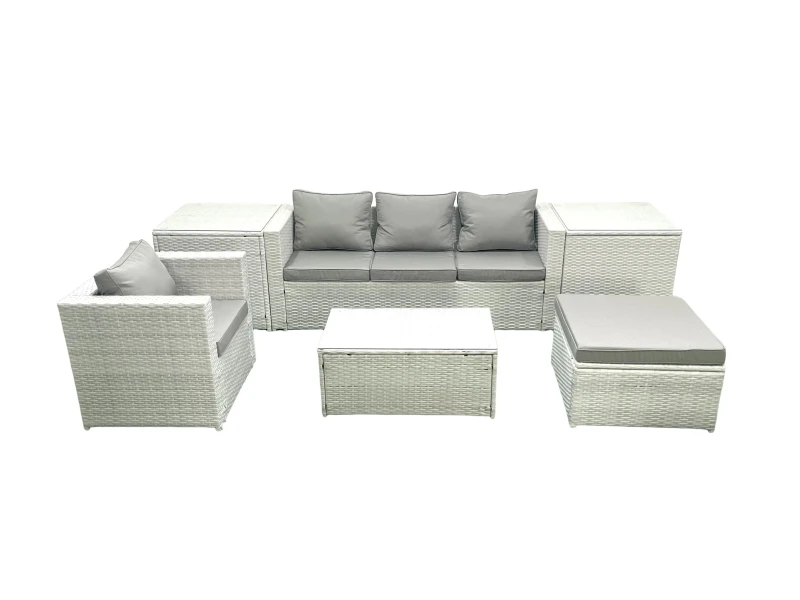 Image of Fimous 6 Pieces Rattan Garden Furniture Set Outdoor Garden Sofa Chair Coffee Table Set with 2 Side Tables Big Footstool Light Grey Mixed Light Grey