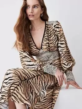 Image of Karen Millen Mixed Plunge Neck Woven Midi Dress - Multi, Size 10, Women