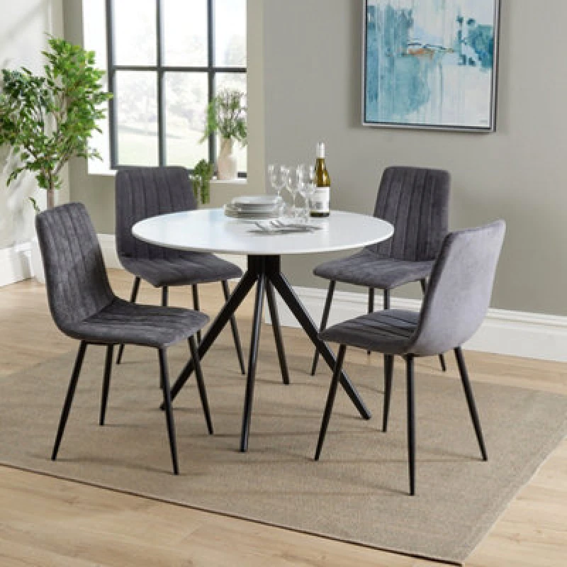 Image of Core Products Aspen White 100Cm Round Dining Table With 4 Grey Fabric Straight Stitch Design Chairs
