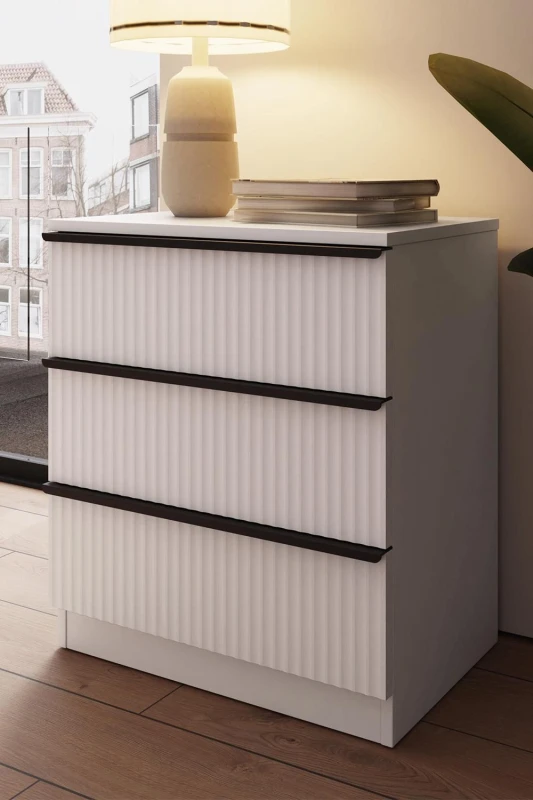 Image of FWStyle Ripple Effect White 3 Drawer Chest Of Drawers Nightstand Scalloped Fronts White