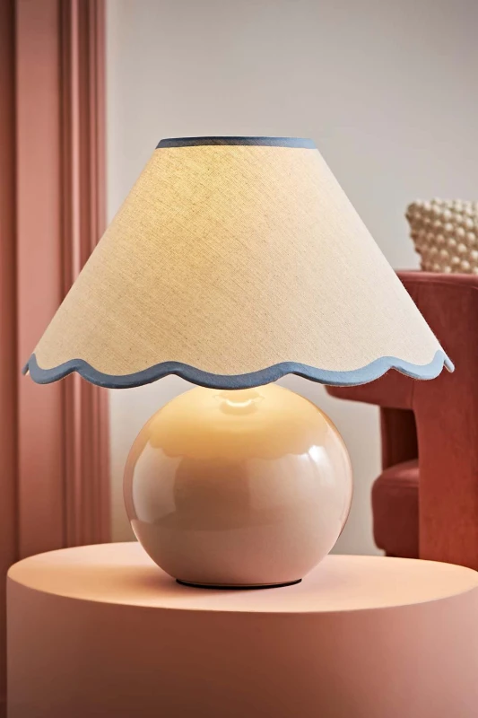 Image of ValueLights Bosco Natural Stone Globe Ceramic Table Lamp with Linen Scalloped Lamp Shade Blue