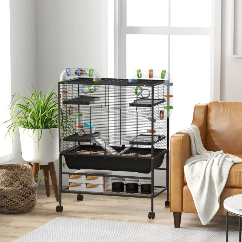 Image of PawHut Pawhut - Large Hamster Cage, Rat Cage w/ Wheels, Tubes, Storage Shelf, Ramps 5056725531997