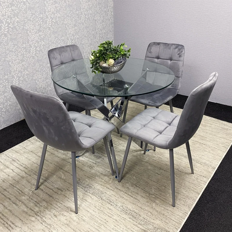 Image of KOSY KOALA KOSY KOALA Dining Table and 4 Chairs Round Glass Table 4 Grey Velvet Chairs Dining Set in Clear Clear One Size Unisex 5061055341543