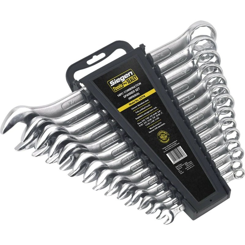 Image of Loops 14pc Slim Handled Combination Spanner Set - 12 Point Imperial Ring Open End Head Multi