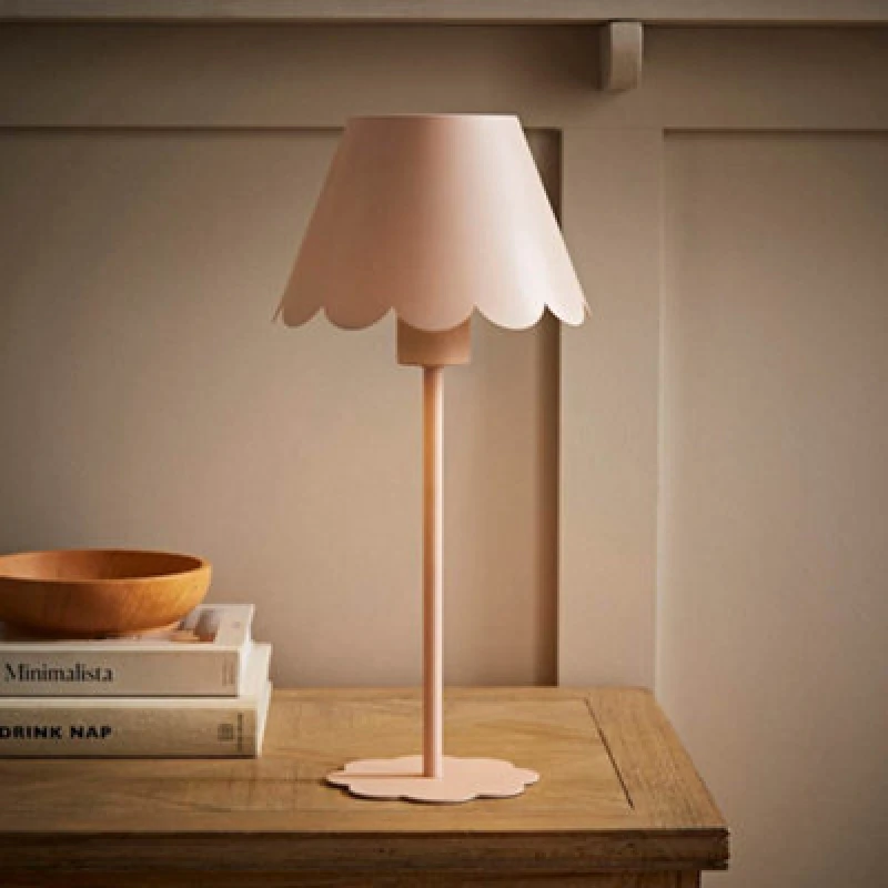 Image of ValueLights ValueLights Hattie Rechargeable Metal Scalloped Edge Portable Table Lamp in Pale Pink Pale Pink One Size Unisex 5016529273011