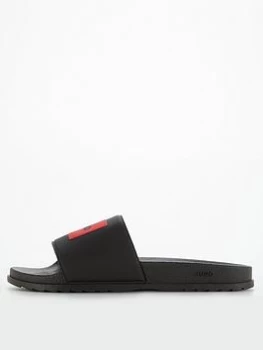 Image of HUGO Match Red Patch Slides - Black, Size 12, Men