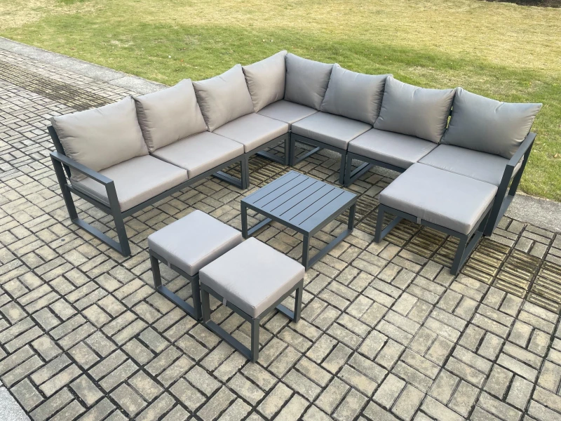 Image of Fimous Aluminium Outdoor Garden Furniture Set Lounge Corner Sofa Square Coffee Table Sets with 3 Footstools Dark Grey Dark Grey Unisex
