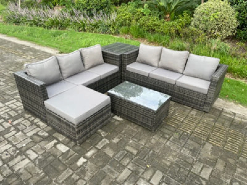 Image of Fimous 7 Seater Rattan Garden Furniture Set Outdoor Patio Sofa Set with Oblong Coffee Table Side Table Big Footstool Dark Grey