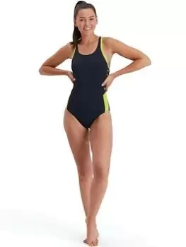 Image of Speedo Boom Logo Splice Muscleback Swimsuit, Dark Blue, Size 34, Women