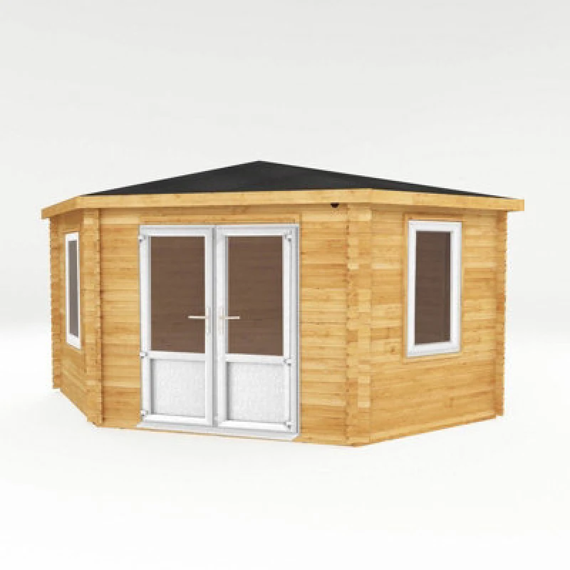 Image of Mercia 4 X 4 M Corner Cabin With White Upvc Windows And Doors - 44mm - Timber - L415.1 X W409.3 X H286.8cm - Brown