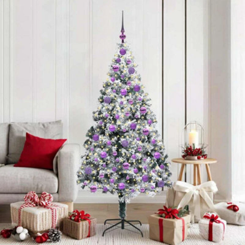 Image of vidaXL Artificial Christmas Tree with 300 LEDs, Lilac Balls with Stand Snow Flocked Green 180 cm, Green 3396968