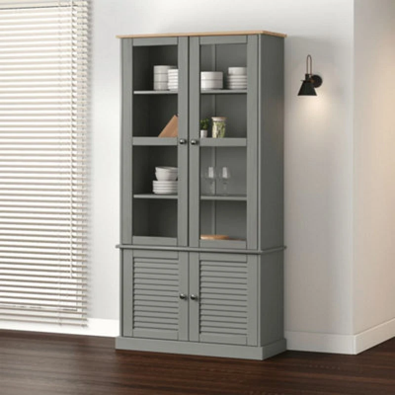 Image of Vidaxl Glass Display Cabinet Vigo Grey 85X35X170 Cm Solid Wood Pine, Grey 353195