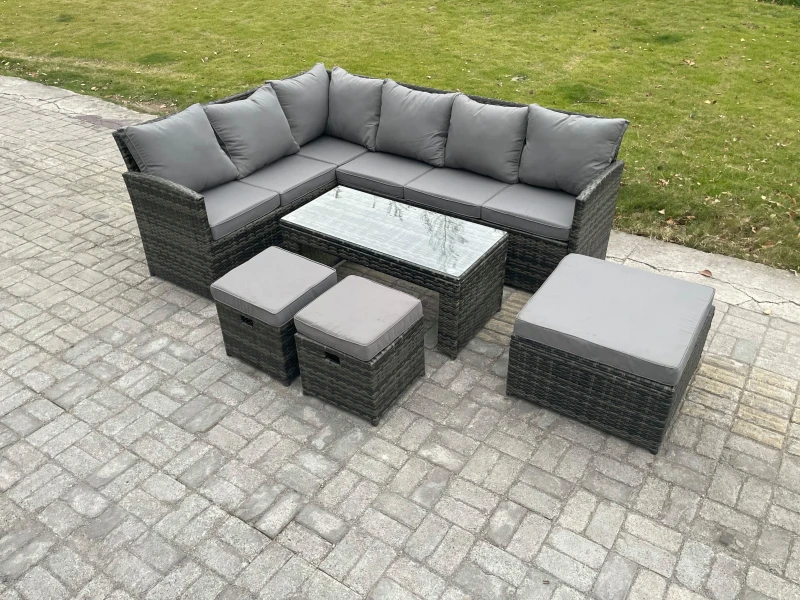 Image of Fimous 9 Seater Outdoor Rattan Garden Furniture Set Corner Sofa Oblong Coffee Table Sets with Patio 3 Footstools Dark Grey Mixed Dark Grey