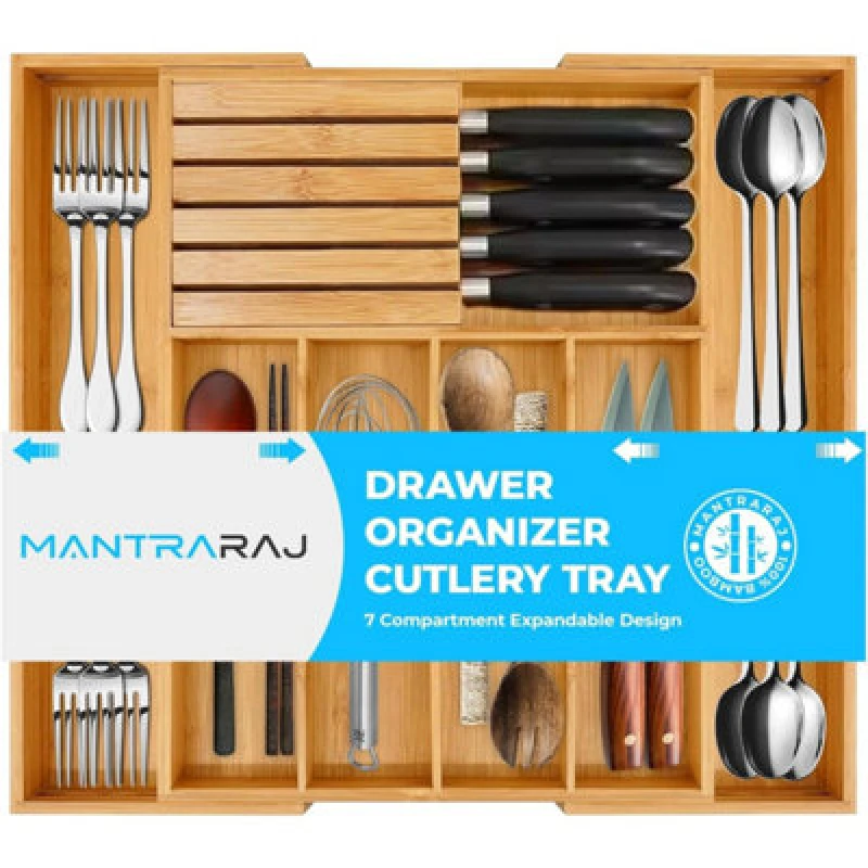Image of MANTRARAJ Bamboo Cutlery Tray Organiser Expandable Dividers Drawer Kitchen Utensil Storage Tray Natural unisex