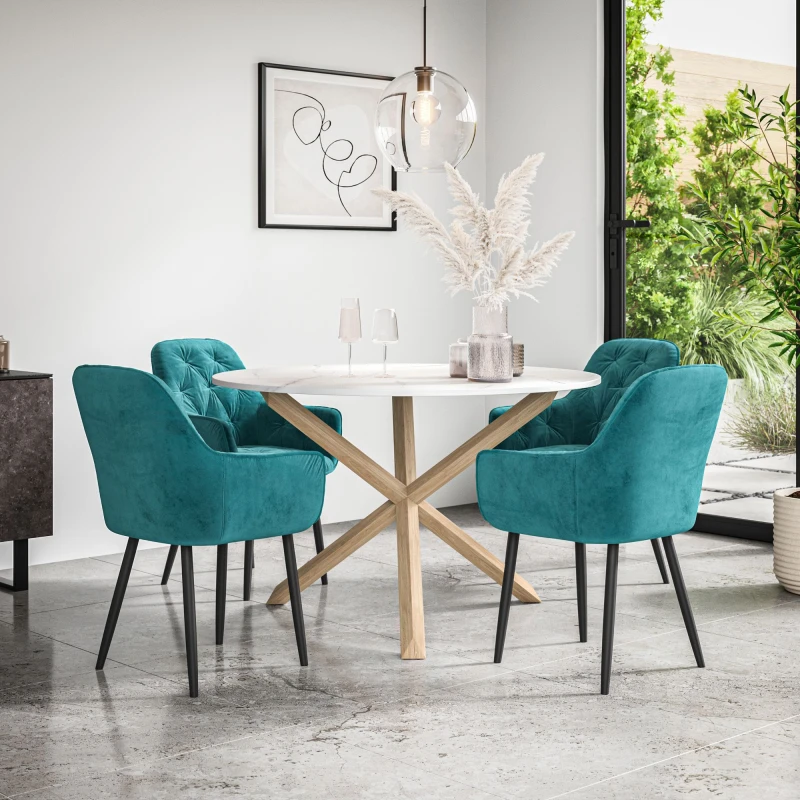 Image of More4Homes Malvern Round Dining Table And Chairs - Marble Table Top W Solid Oak Legs + Anika Velvet Dining Chair Set Of 4 (Blue)