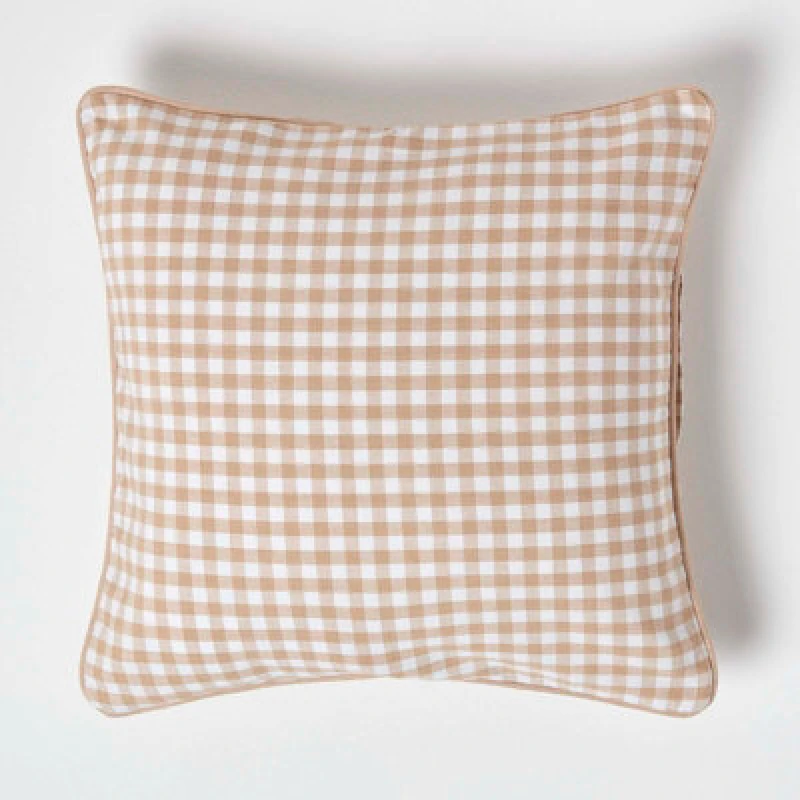 Image of Homescapes Cotton Gingham Check Beige Cushion Cover, 45 X 45 Cm