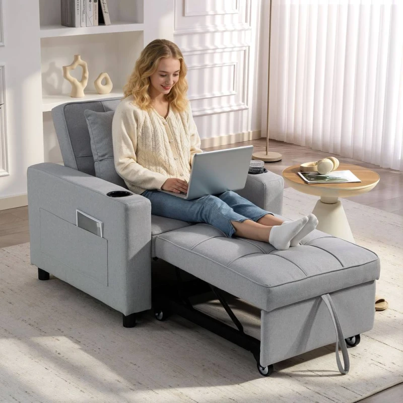 Image of HOMCOM 3-in-1 Sofa Bed, Convertible Sleeper Chair with Adjustable Backrest in Light Grey Size: 1 Seater Light Grey Unisex 1 Seater