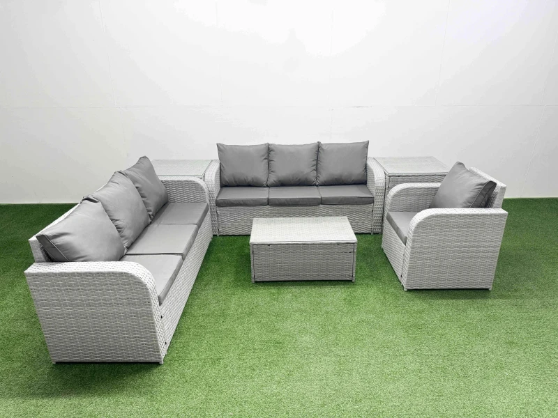 Image of Fimous 7 Seater Poly Rattan Outdoor Garden Furniture Sofa Set Patio 3 Seater Sofa Reclining Chair 3 Seater Sofa 2 Side Table Light Grey Light Grey