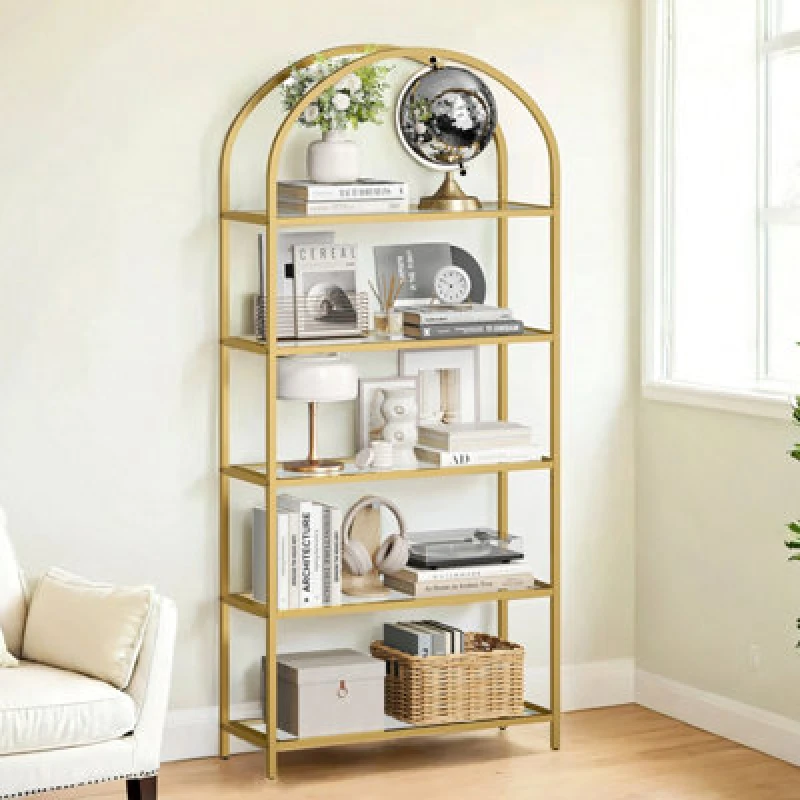 Image of LEDREM 5 Tier Shelf, Tempered Glass Shelving Unit, Arched Design, Steel Construction, For Living Room