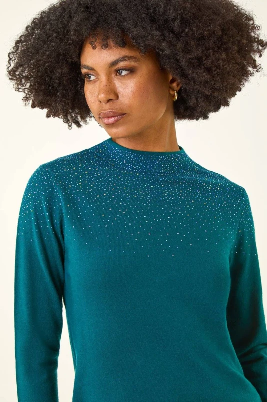 Image of Roman Womens Sparkly High Neck Knit Jumper in Dark Green Size: 18 Dark Green Female 18