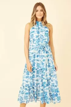 Image of Blue Leaf Print Halter Neck Midi Dress