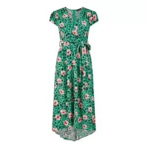 Image of Mela London Green Animal Print Dipped Hem Wrap Dress - Green