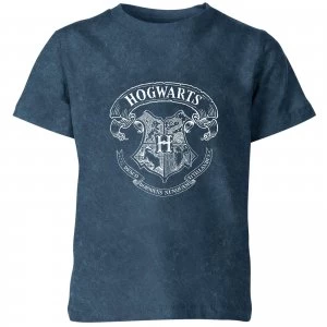 Image of Harry Potter Hogwarts Crest Kids T-Shirt - Navy Acid Wash - 7-8 Years - Navy Acid Wash